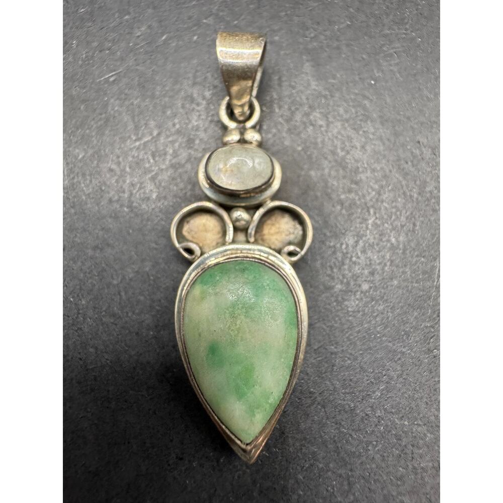 Vintage Sterling Silver 925 Jade and White Quartz Teardrop Pendant 42.6mm